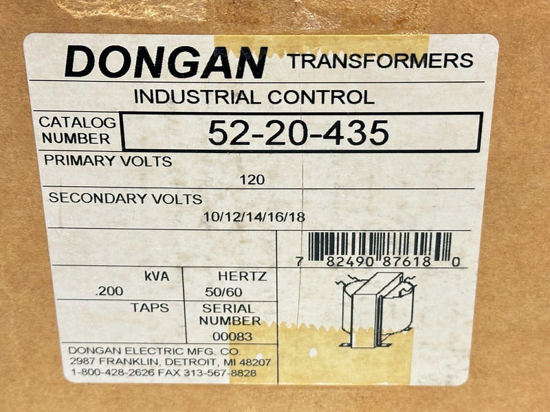 Dongan Electric 52-20-435 Single Phase Step Down Transformer 50/60HZ .200kVA - Maverick Industrial Sales