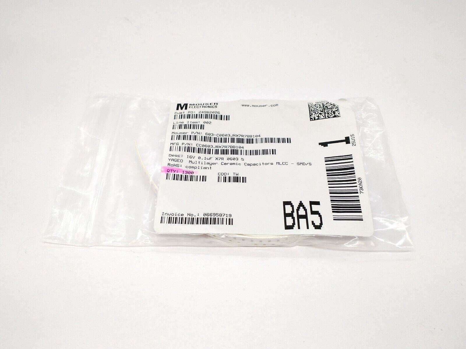 YAGEO CC0603JRX7R7BB104 Multilayer Ceramic Capacitors MLCC-SMD/S CT LOT OF 1300 - Maverick Industrial Sales