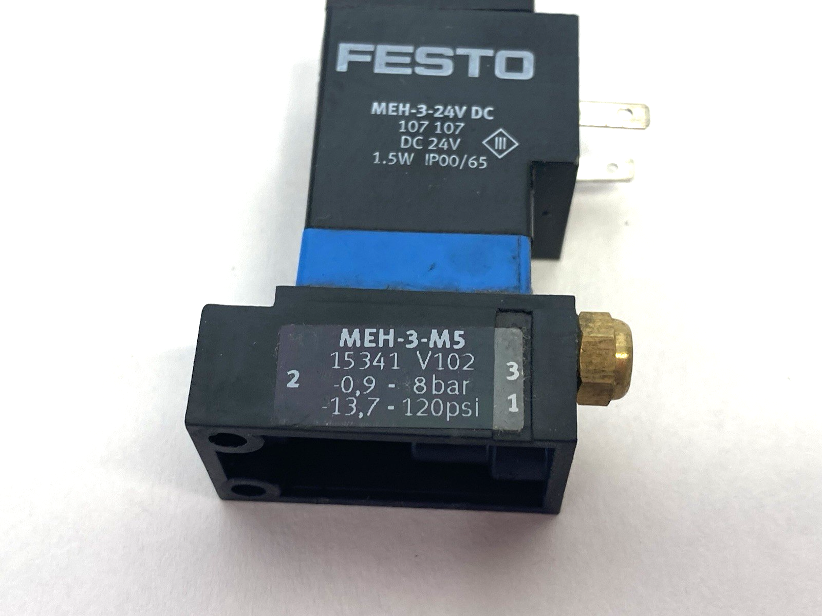 Festo MEH-3-M5 Solenoid Actuated Valve 3/2-way Direct Acting 15341 - Maverick Industrial Sales