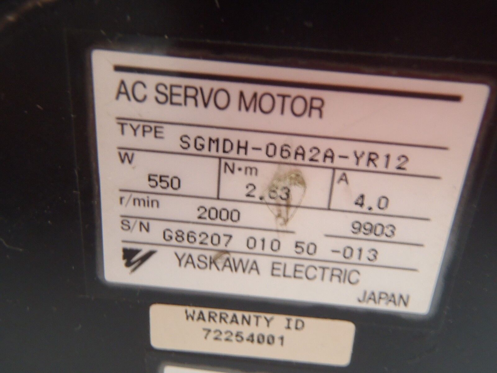 Yaskawa Electric SGMDH-06A2A-YR12 AC Servo Motor 550W 4A - Used - Maverick Industrial Sales