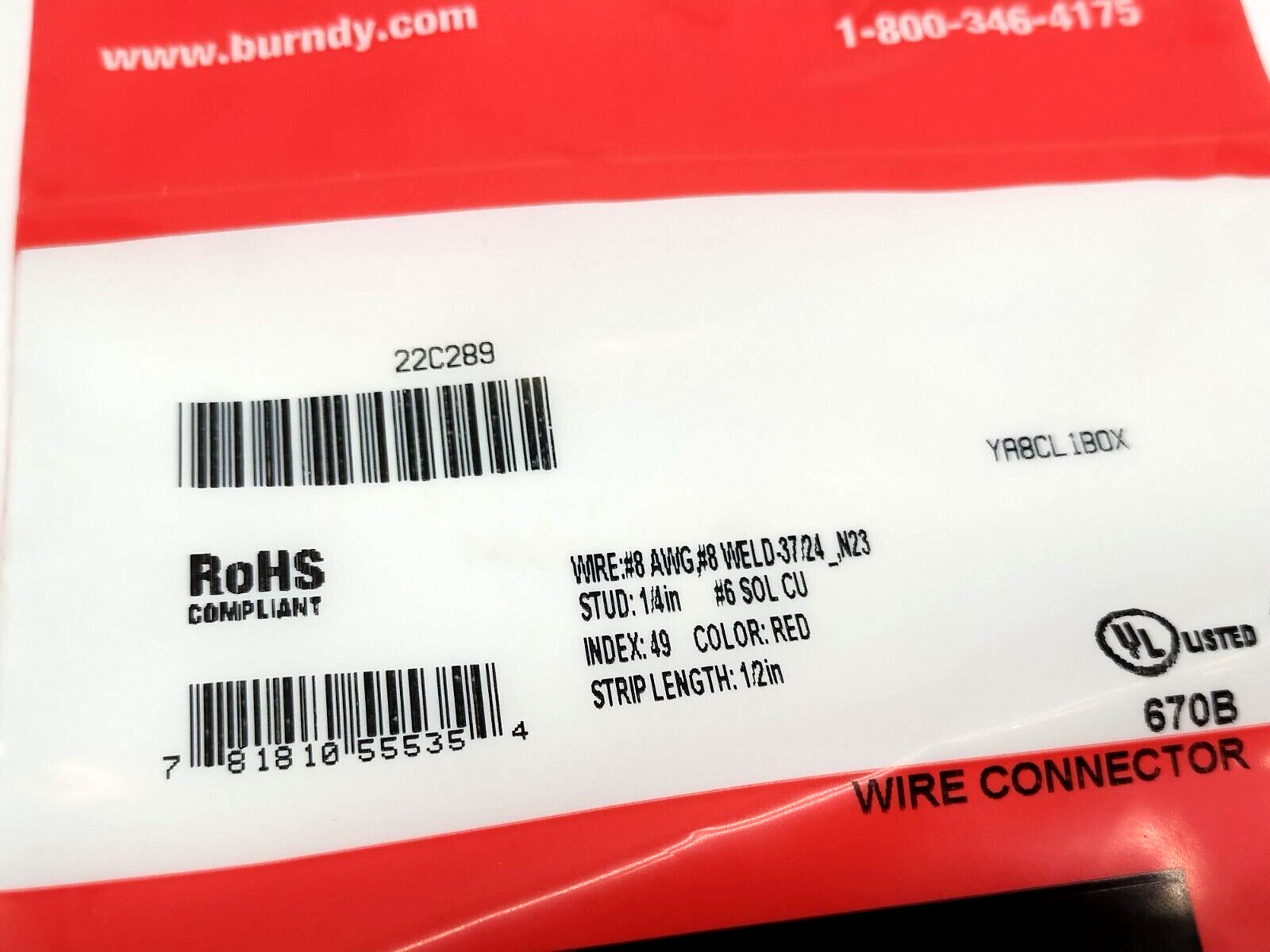 Burndy 22C289 Lug Compression Connector 8 AWG 1/4" Stud YA8CL1BOX LOT OF 5 - Maverick Industrial Sales