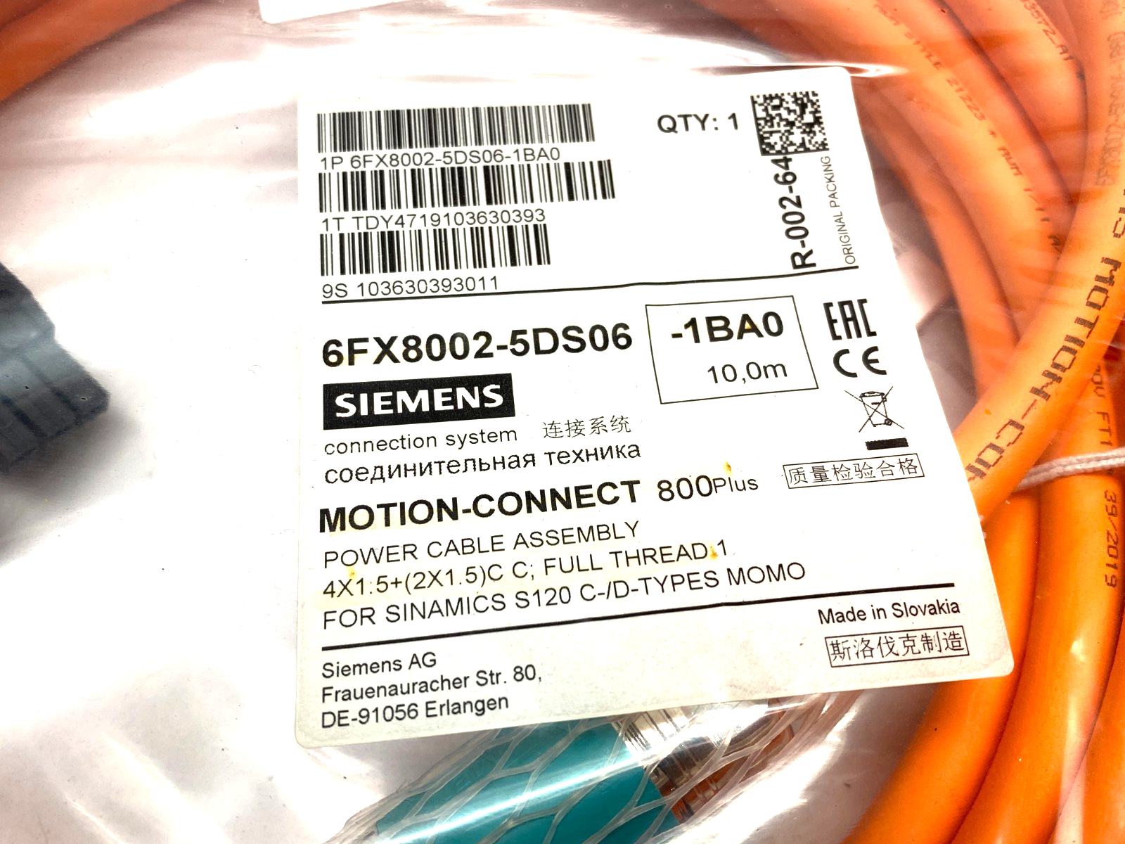 Siemens 6FX8002-5DS06-1BA0 MOTION-CONNECT Power Cable Assembly 10m 800Plus - Maverick Industrial Sales