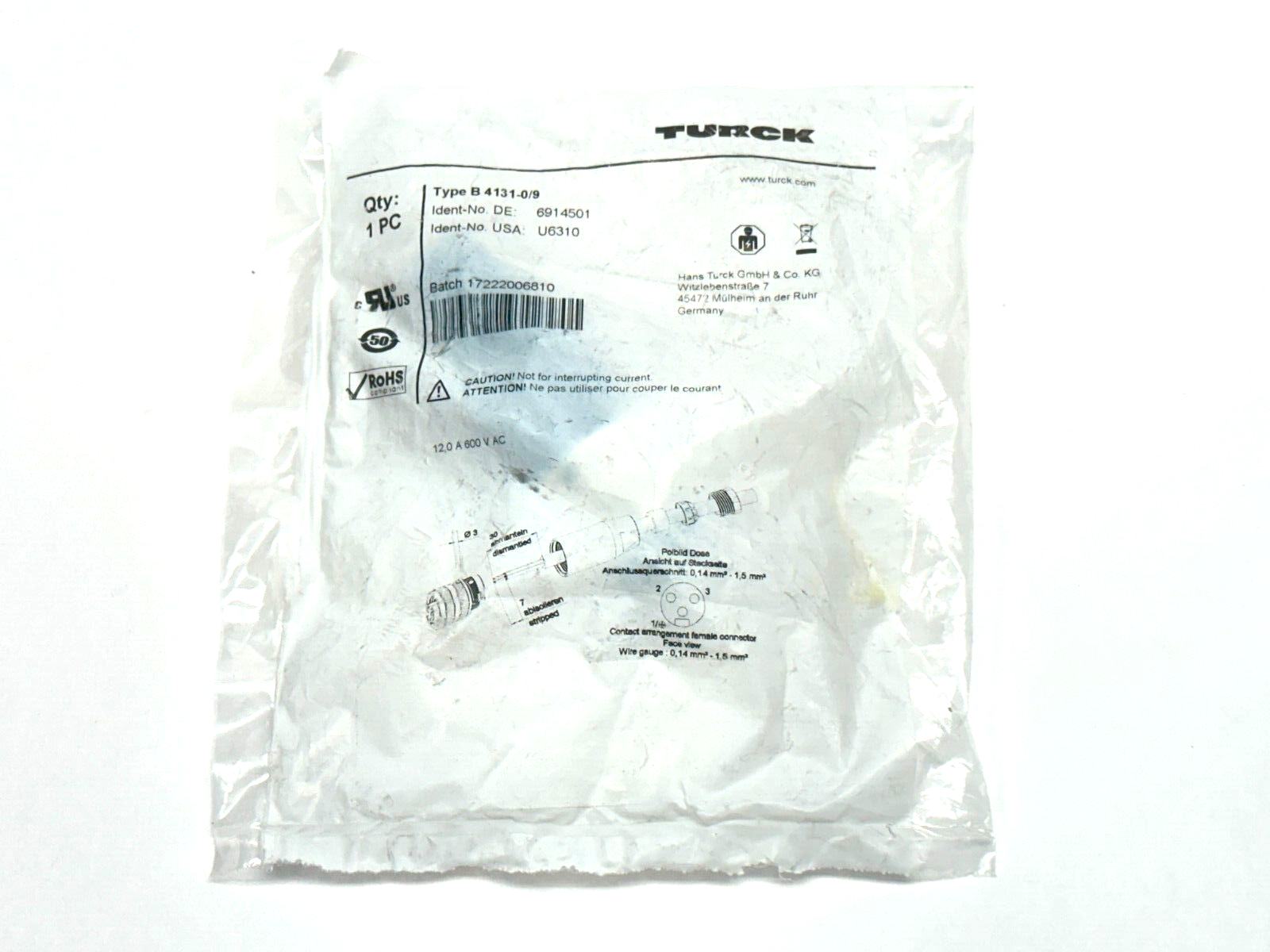 Turck B 4131-0/9 Minifast Field Wireable 7/8" 3-Pin Female Connector U6310 - Maverick Industrial Sales