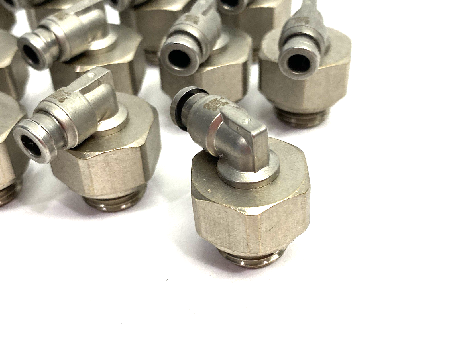KQB2L04-G02 | SMC Metal Swivel Elbow Fitting Male, 4mm OD Tube, LOT OF 12 - New – Open box - Maverick Industrial Sales