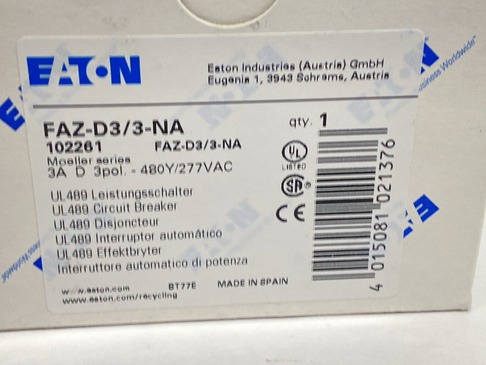 Eaton FAZ-D3/3-NA UL489 Circuit Breaker 3A 480Y/277VAC 3-Pole 102261 - Maverick Industrial Sales
