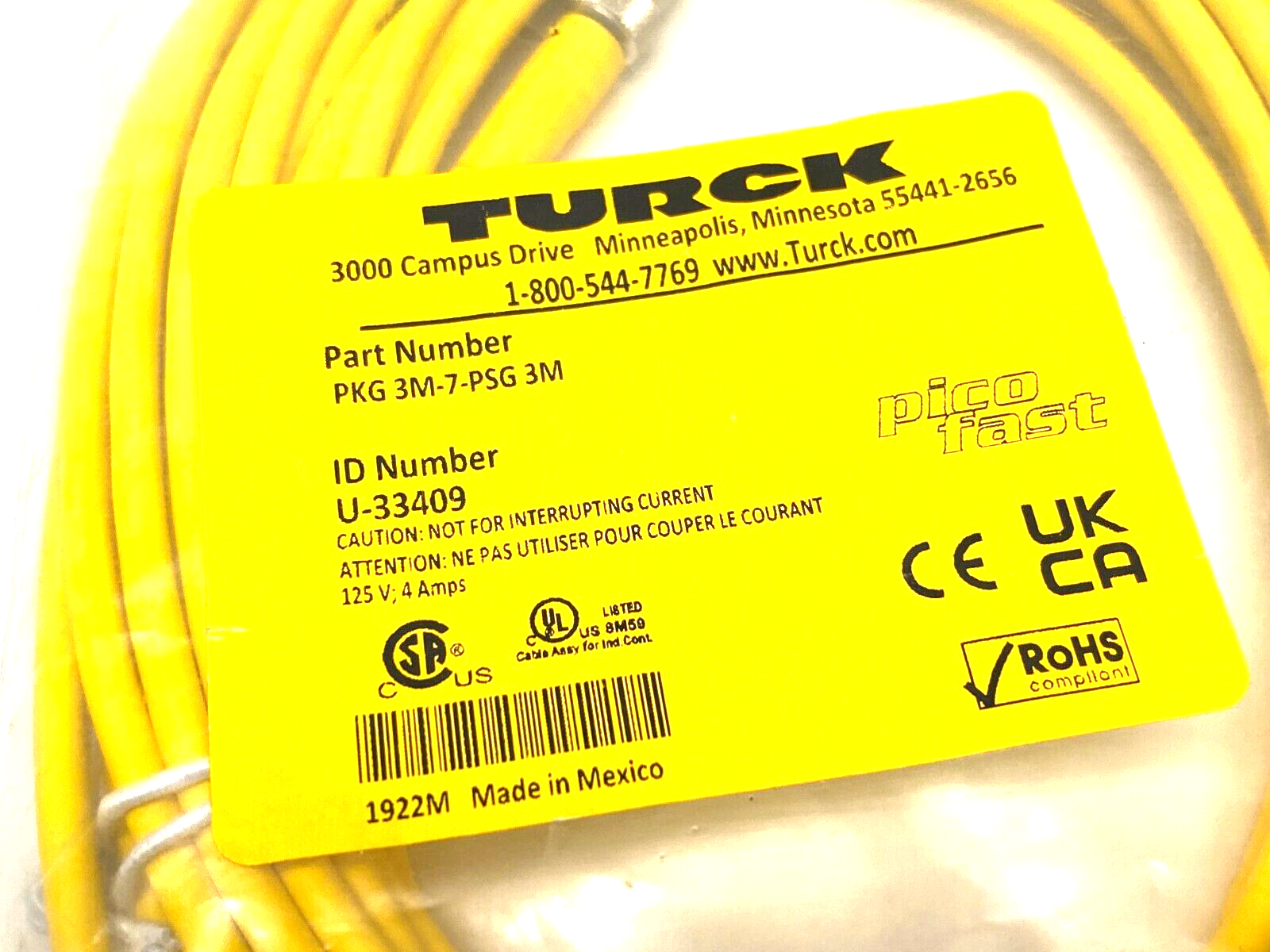 Turck PKG 3M-7-PSG 3M Picofast Double Ended Cordset M8 3-Pin M to F, U-33409 - Maverick Industrial Sales