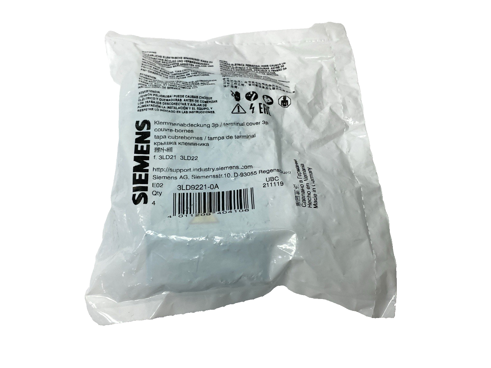 Siemens 3LD9221-0A Terminal Cover 3P, Emergency On-Off Switch Accessory PKG OF 4 - Maverick Industrial Sales
