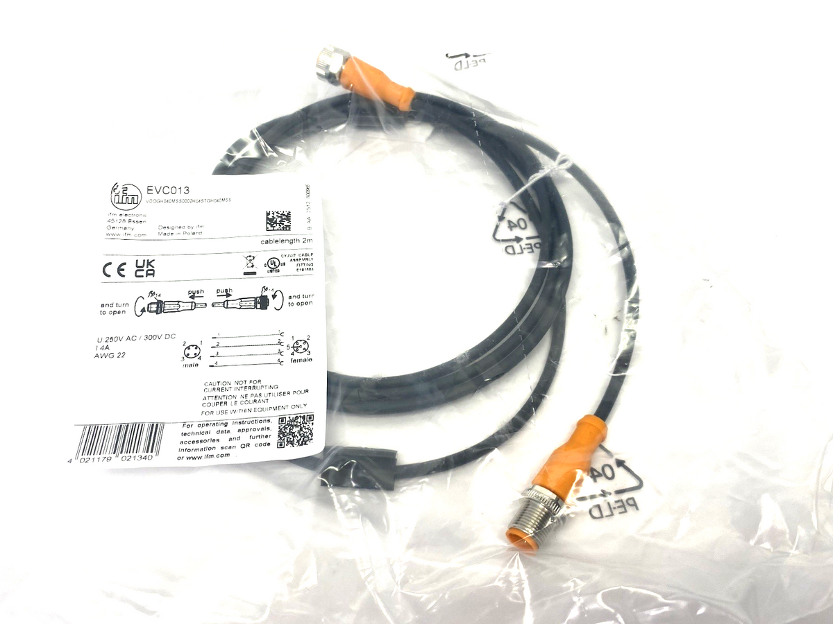 EVC013 | ifm Connection Cable M12 M to F 2m Length VDOGH040MSS0002H04STGH040MSS - New - Maverick Industrial Sales