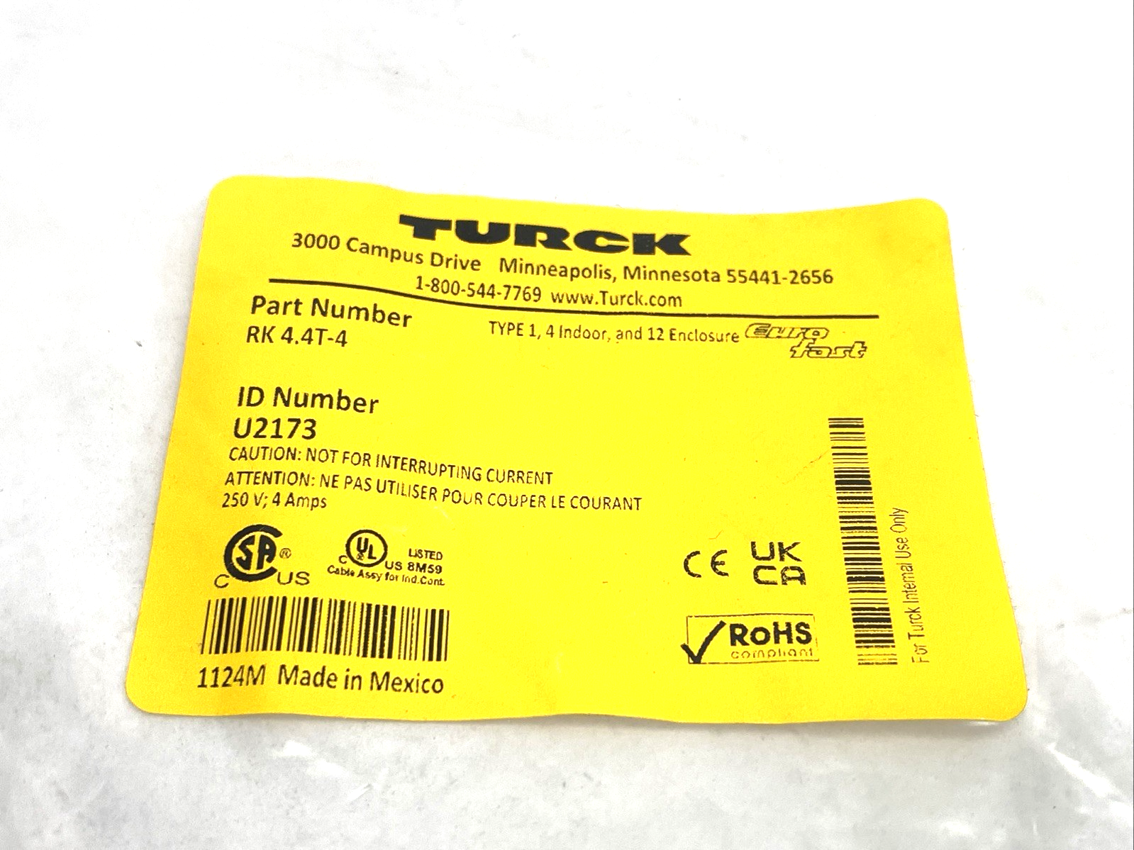 Turck RK 4.4T-4 Cordset M12 Female 4-Pin To Leads 4m U2173 - Maverick Industrial Sales