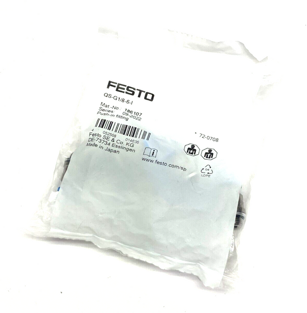 Festo QS-G1/8-6-I Push-In Fitting Male Thread 6mm OD Tube 186107 PKG OF 10 - Maverick Industrial Sales