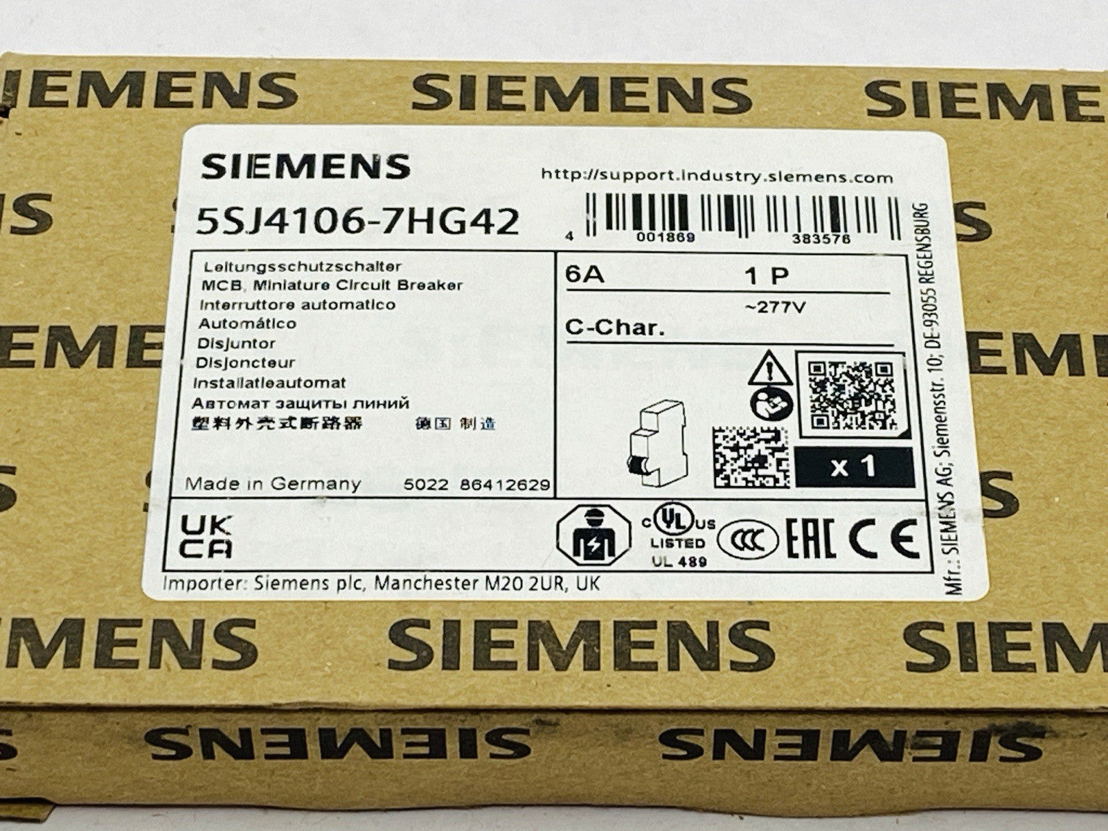 Siemens 5SJ4106-7HG42 Miniature Circuit Breaker 1-Pole 6A 277VAC/480Y 60VDC - Maverick Industrial Sales