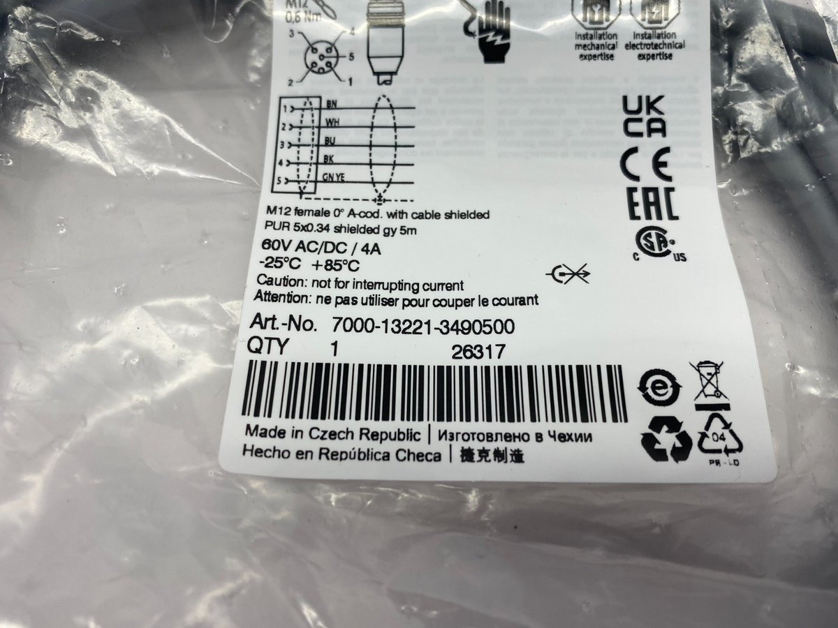 7000-13221-3490500 | Murrelektronik Single Ended M12 Female Cordset 0° A-cod. - New - Maverick Industrial Sales