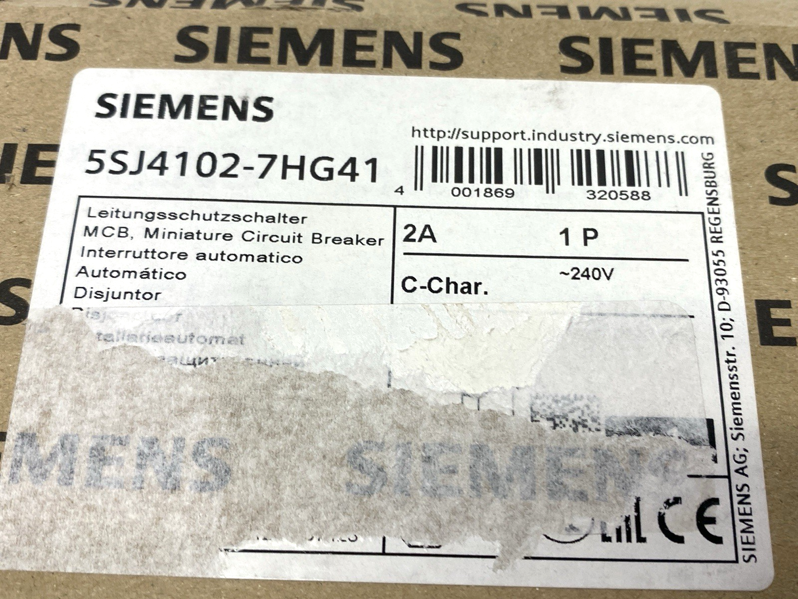 Siemens 5SJ4102-7HG41 Miniature Circuit Breaker 1-Pole C-Trip 240V 14kA 2A - Maverick Industrial Sales