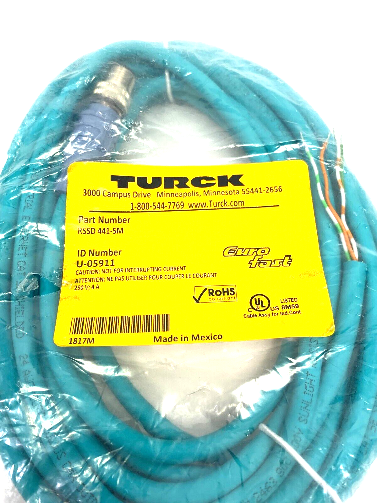 Turck RSSD 441-5M Ethernet Extension Cable M12 4-Pin to Pigtail 5m, U-05911 - Maverick Industrial Sales