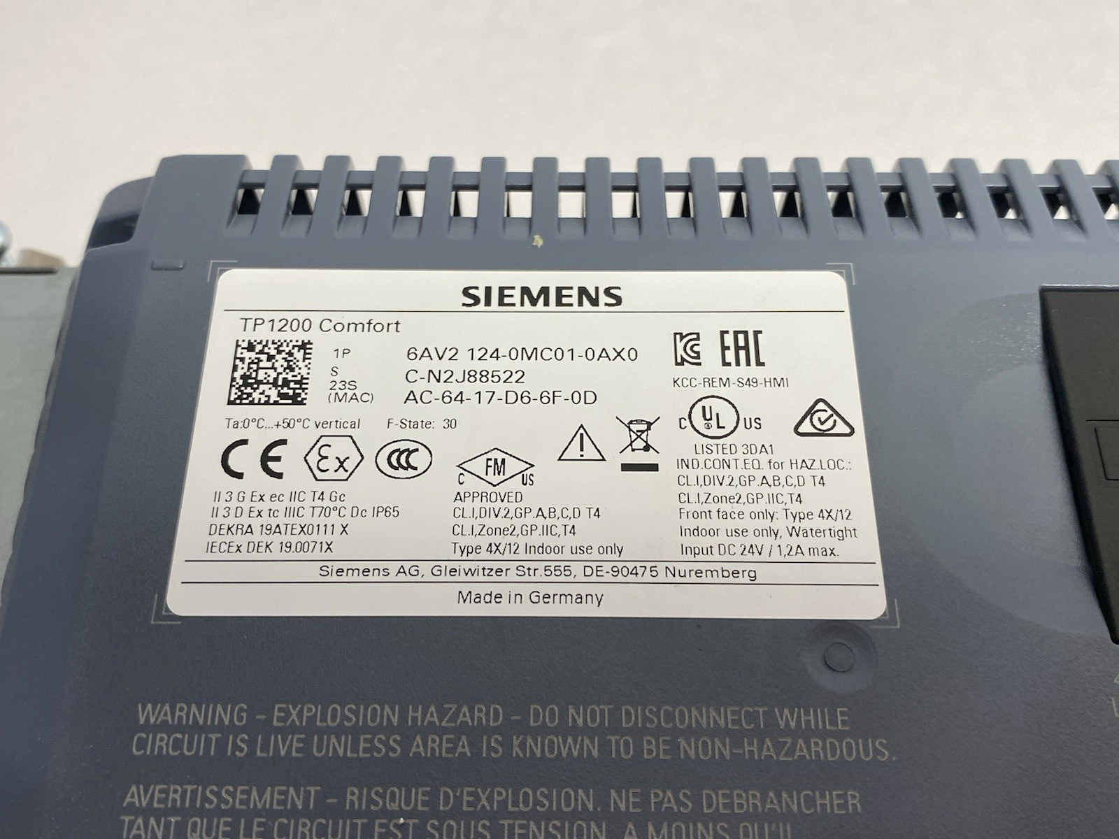 6AV2124-0MC01-0AX0 | Siemens SIMATIC HMI TP1200 Comfort Panel, Touch Op. 12" TFT - Used - Maverick Industrial Sales