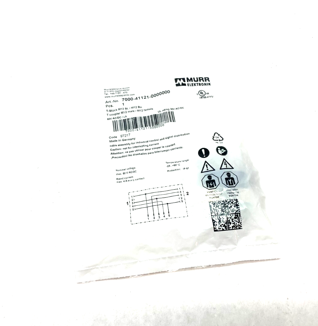 7000-41121-0000000 | Murrelektronik T-Coupler M12 male to 2x M12 female A-cod. - New - Maverick Industrial Sales