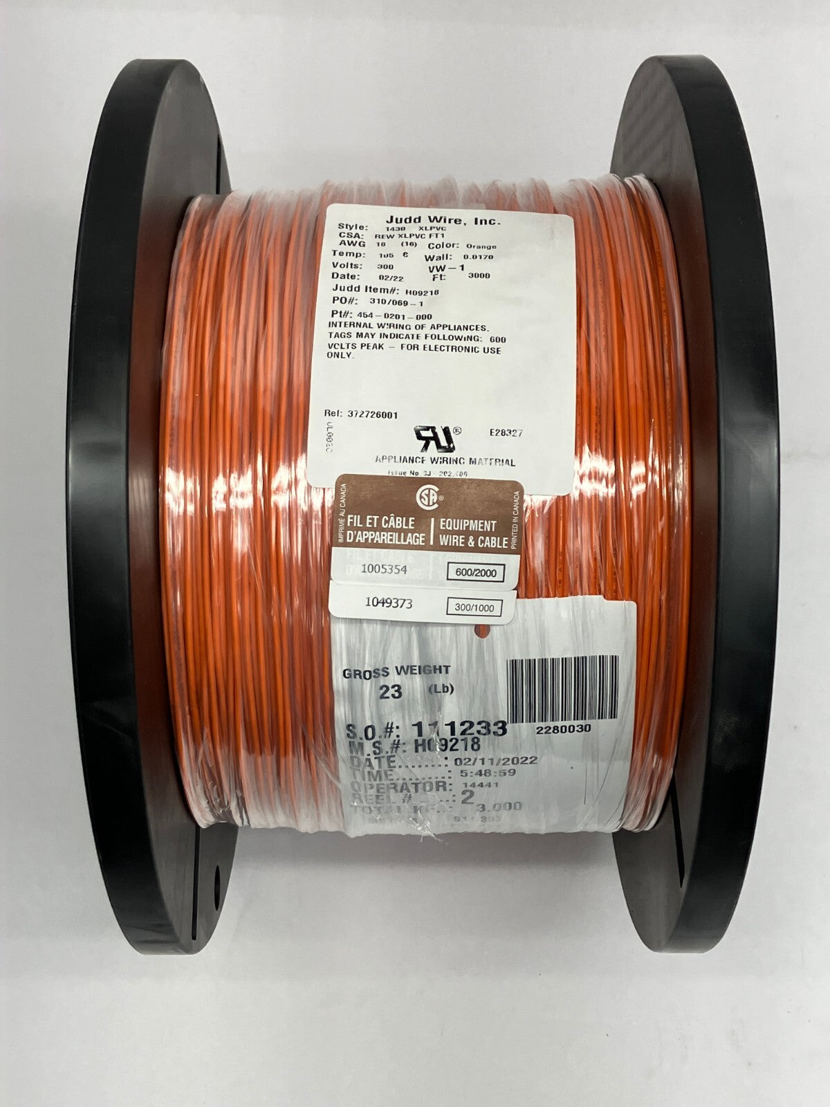 Judd Wire 18 AWG Wire, Orange, Style 1430, XLPVC 300V, 454-0201-000, 3000' FT - Maverick Industrial Sales