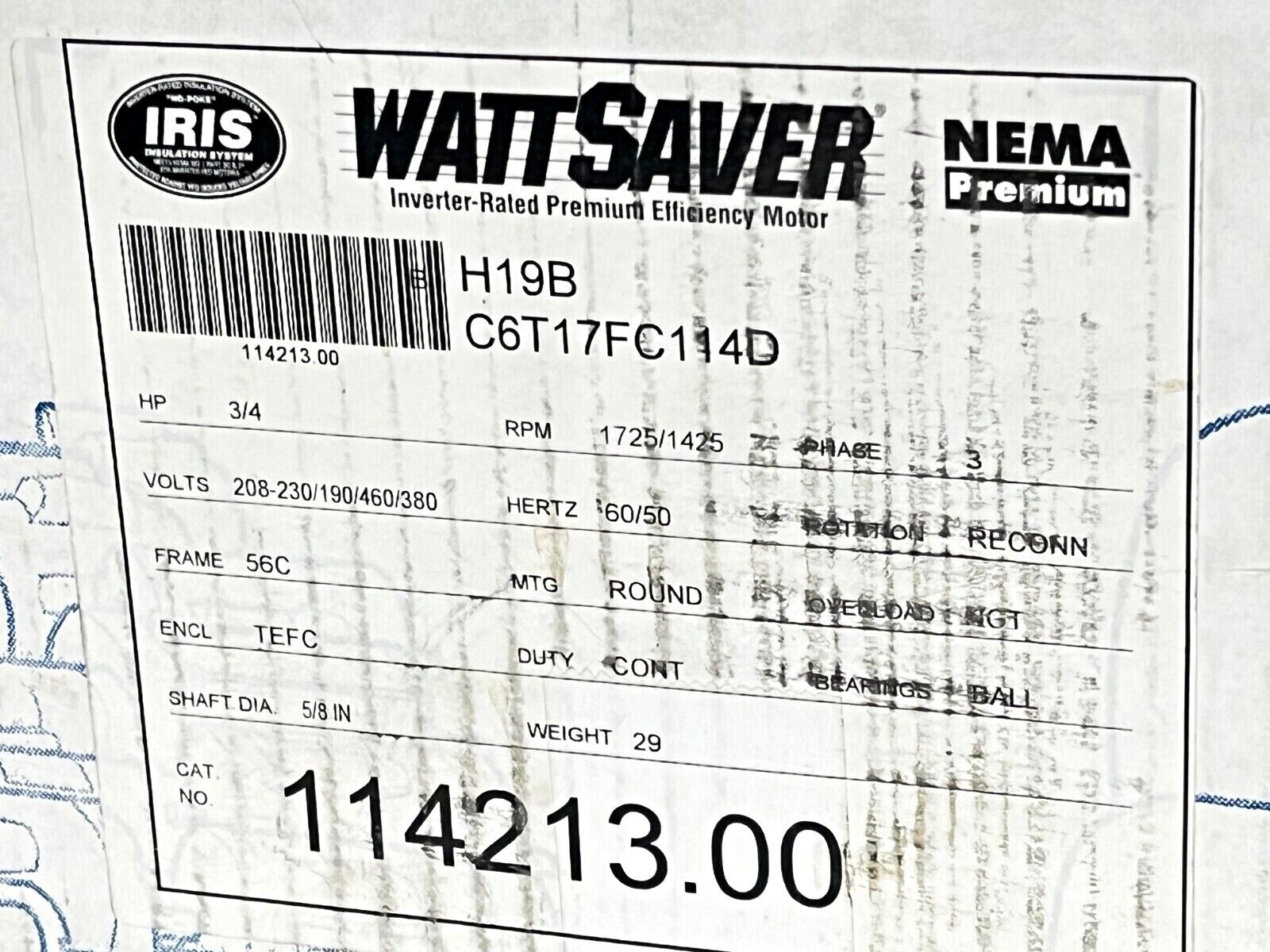 Leeson 114213.00 WattSaver Motor 3/4HP 1725RPM 3PH C6T17FC114D w/ Box - Maverick Industrial Sales
