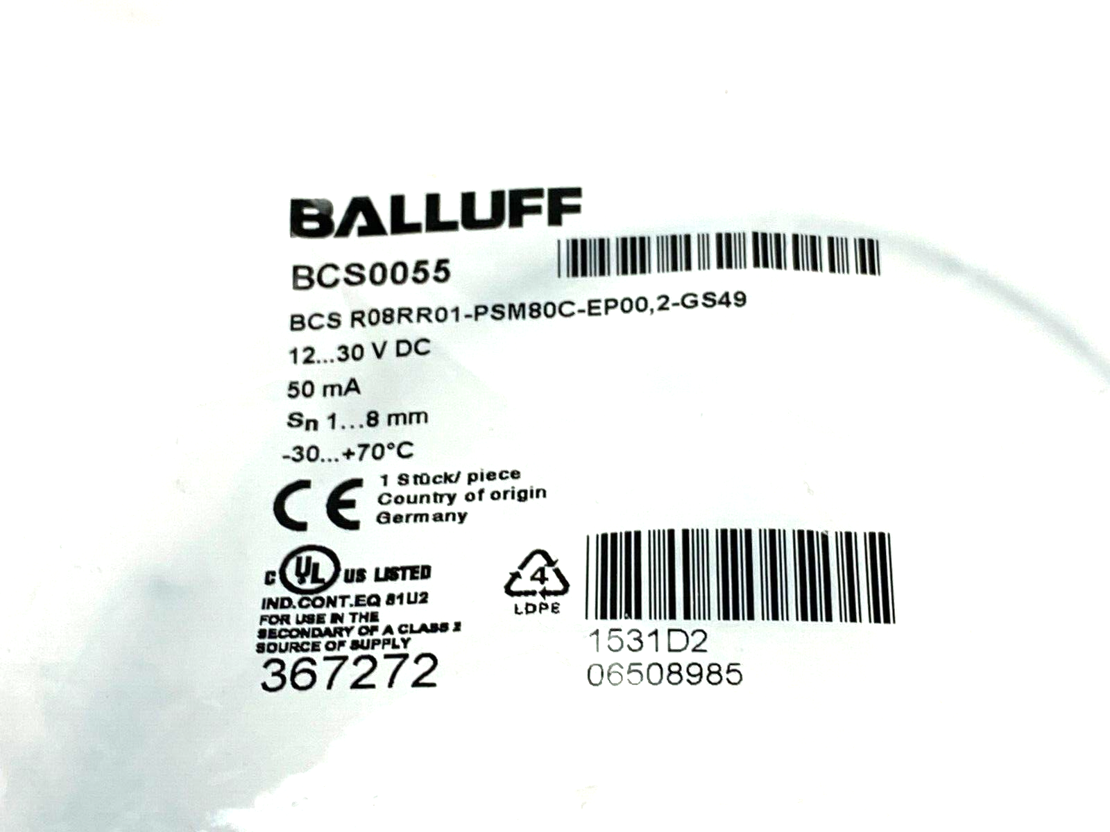 Balluff BCS0055 Flush Capacitive Proximity Sensor BCS R08RR01-PSM80C-EP00,2-GS49 - Maverick Industrial Sales