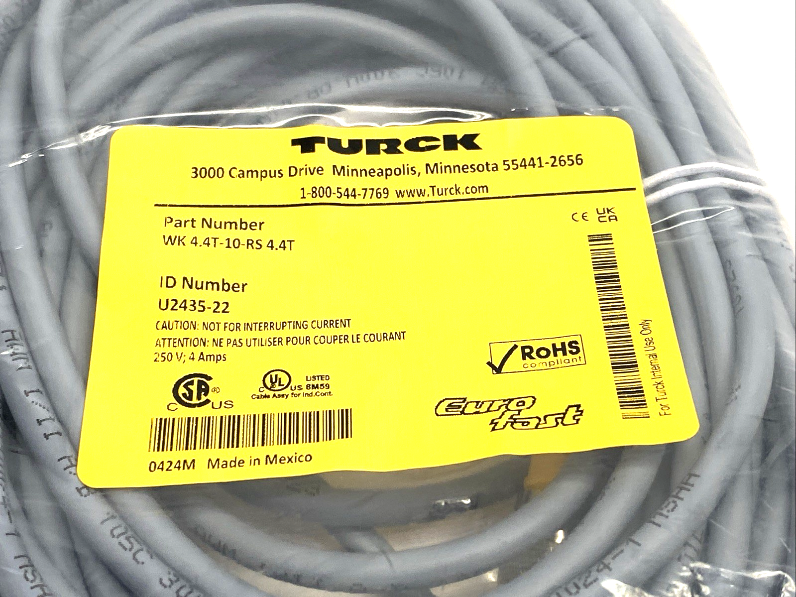 Turck WK 4.4T-10-RS 4.4T Cordset M12 Angle Female To M12 Male 4-Pin 10m U2435-22 - Maverick Industrial Sales
