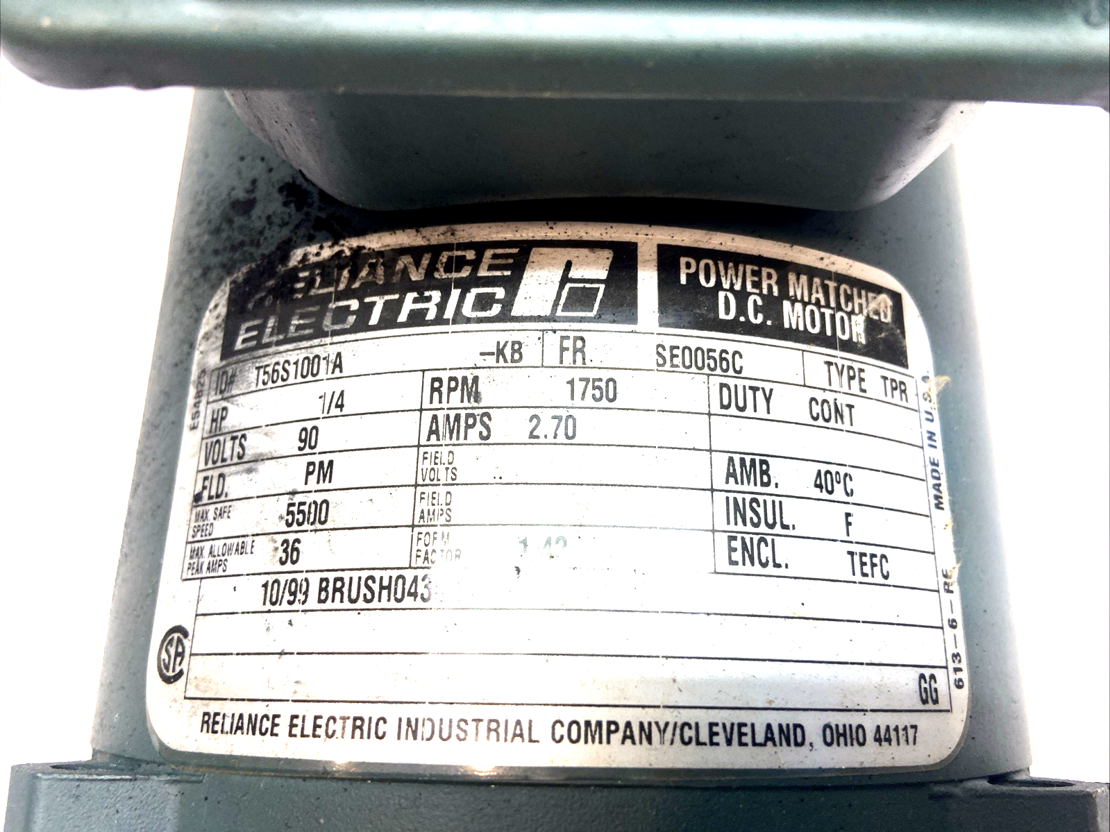 T56S1001A | Reliance Electric 1/4 HP 90V 1750 RPM SE0056C DC Motor - Used - Maverick Industrial Sales