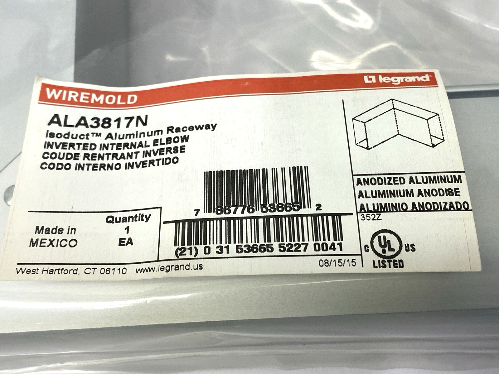 Legrand ALA3817N Wiremold Aluminum Raceway Inverted Internal Elbow PKG OF 4 - Maverick Industrial Sales