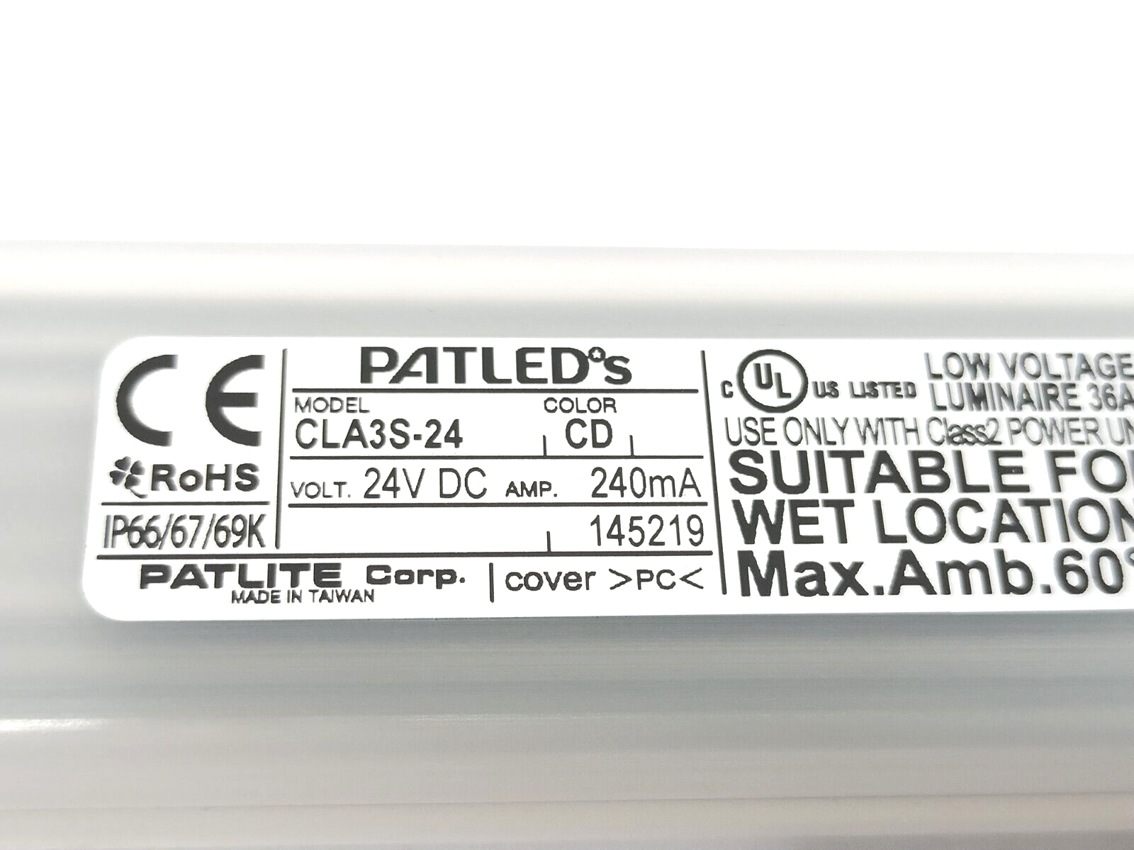 Patlite CLA3S-24A-CD 300mm Light Bar, Water and Oil Resistant, 24V DC White LED - Maverick Industrial Sales