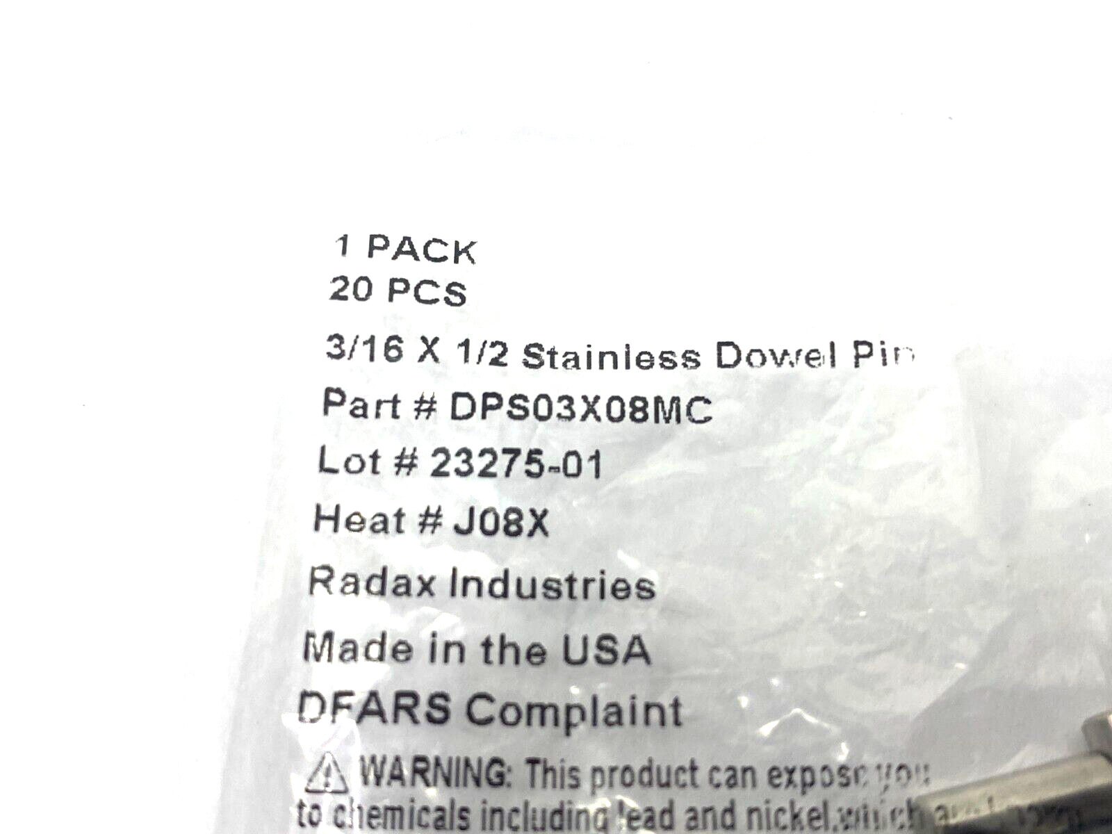 Radax Industries DPS03X08MC Stainless Steel Dowel Pin 3/16" x 1/2" PKG OF 20 - Maverick Industrial Sales