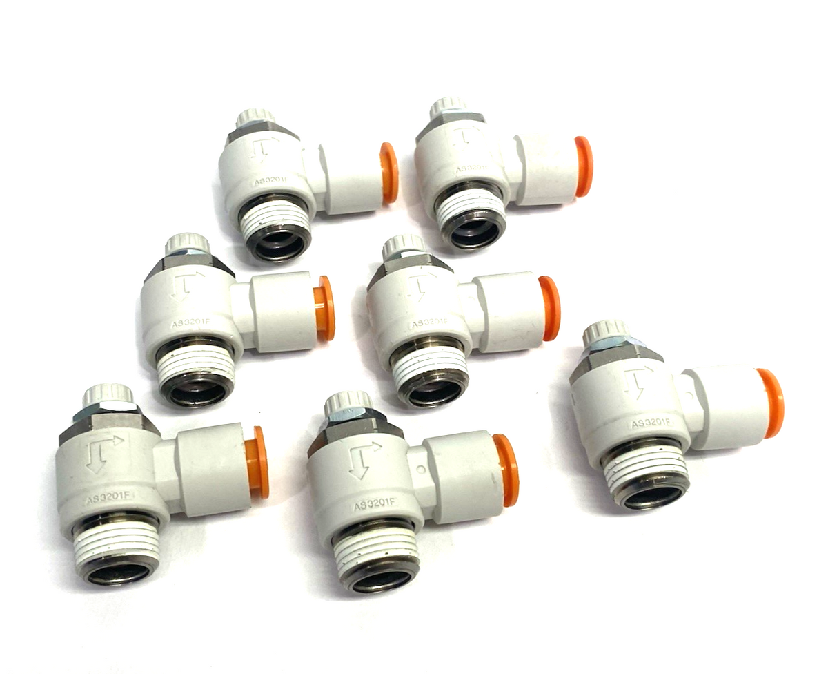 SMC AS3201F-N03-11 Pneumatic Flow Control Elbow Fitting 3/8" Tube OD, LOT OF 7 - Maverick Industrial Sales