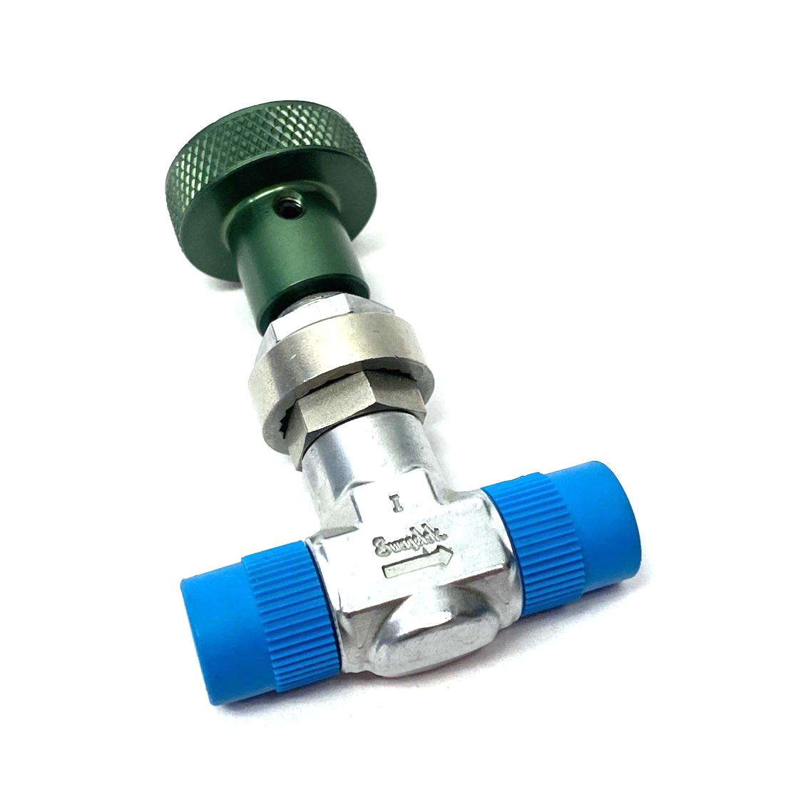 B-4L2 | Swagelok Chrome-Plated Brass Metering Valve, Green Knob, Knurled - New – Open box - Maverick Industrial Sales