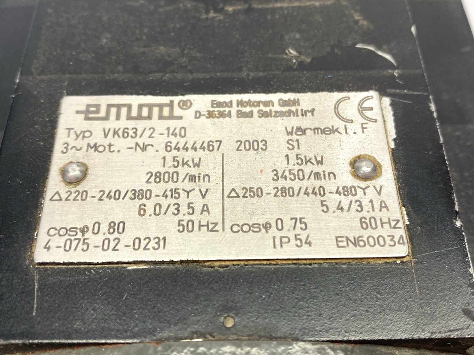 Emod VK63/2-140 Spindle Servo Motor 2800/3450rpm 240/415V 280/480V 1.5kW 6444467 - Maverick Industrial Sales