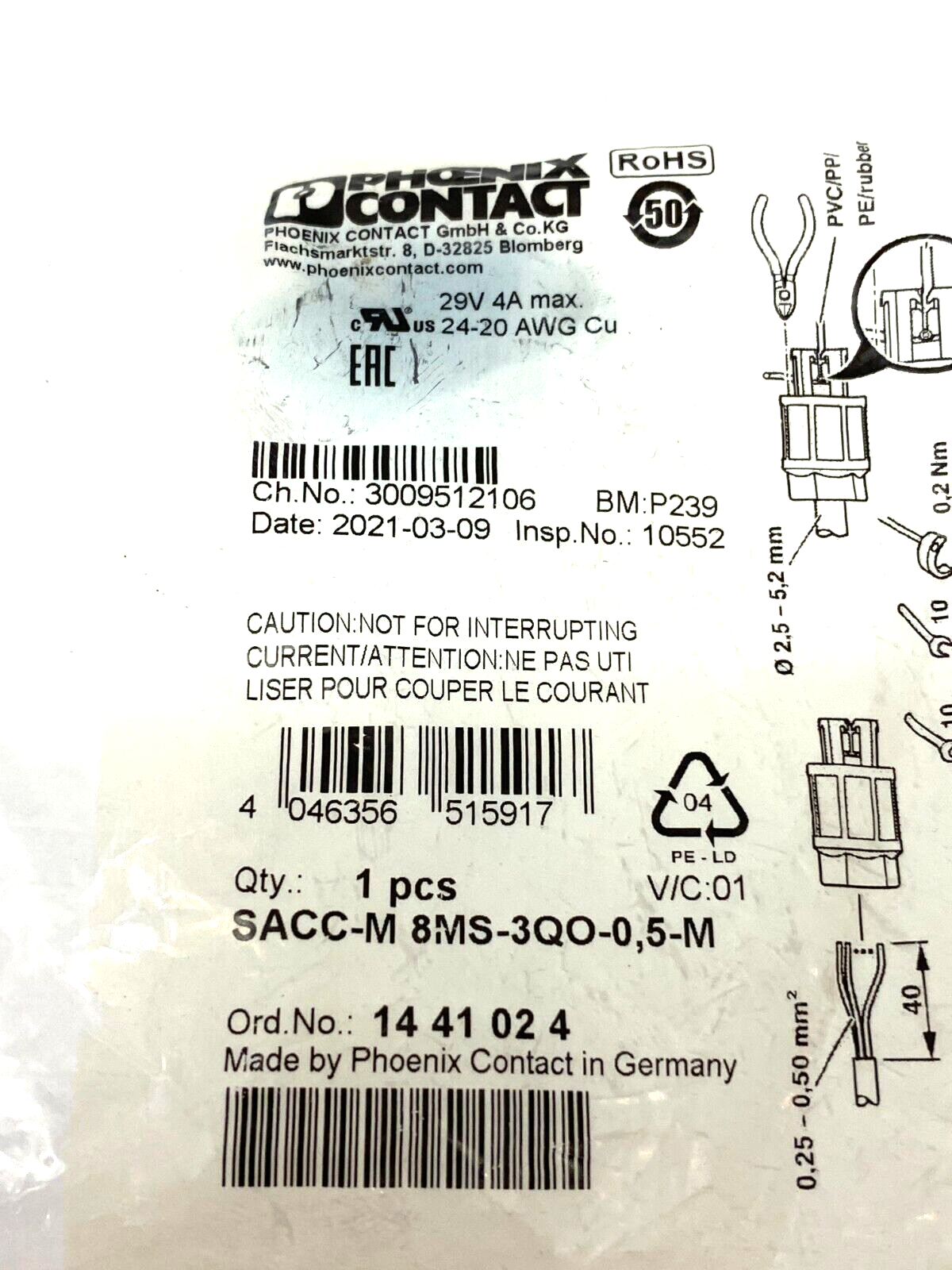 Phoenix Contact SACC-M 8MS-3QO-0,5-M Circular Plug In Connector 1441024 - Maverick Industrial Sales