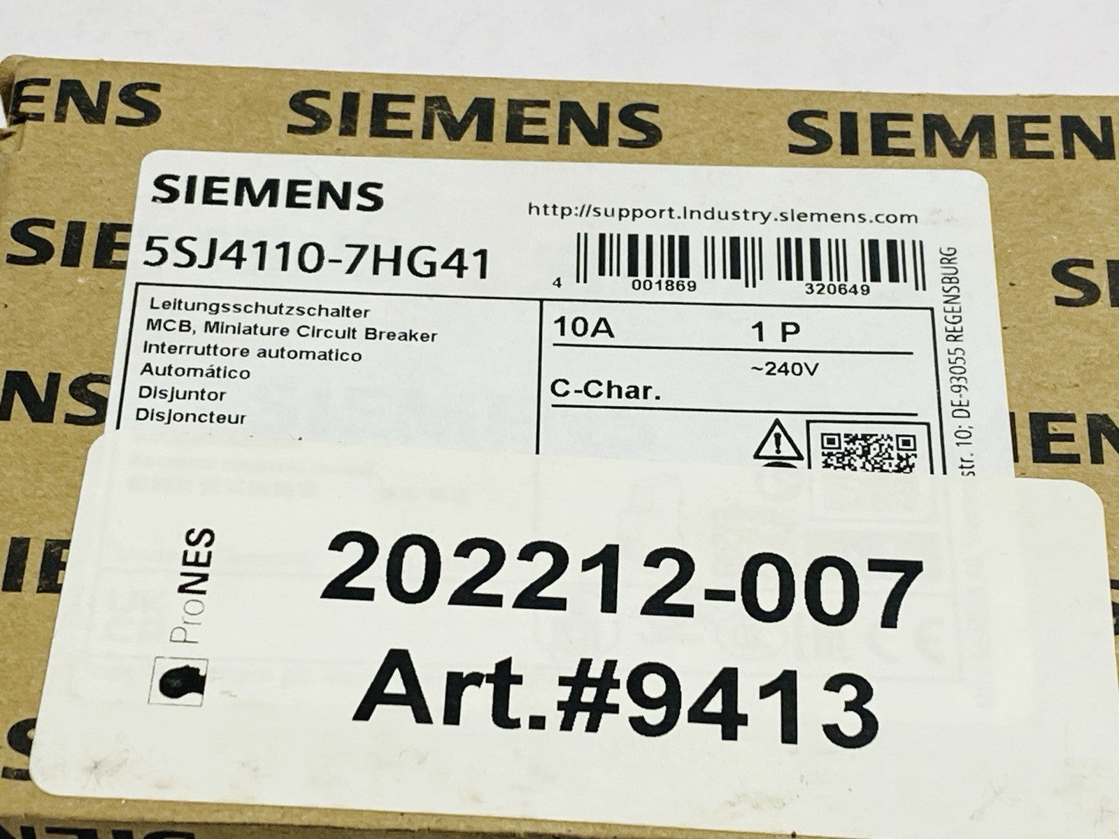 Siemens 5SJ4110-7HG41 Miniature Circuit Breaker 1-Pole 10A 240V - Maverick Industrial Sales