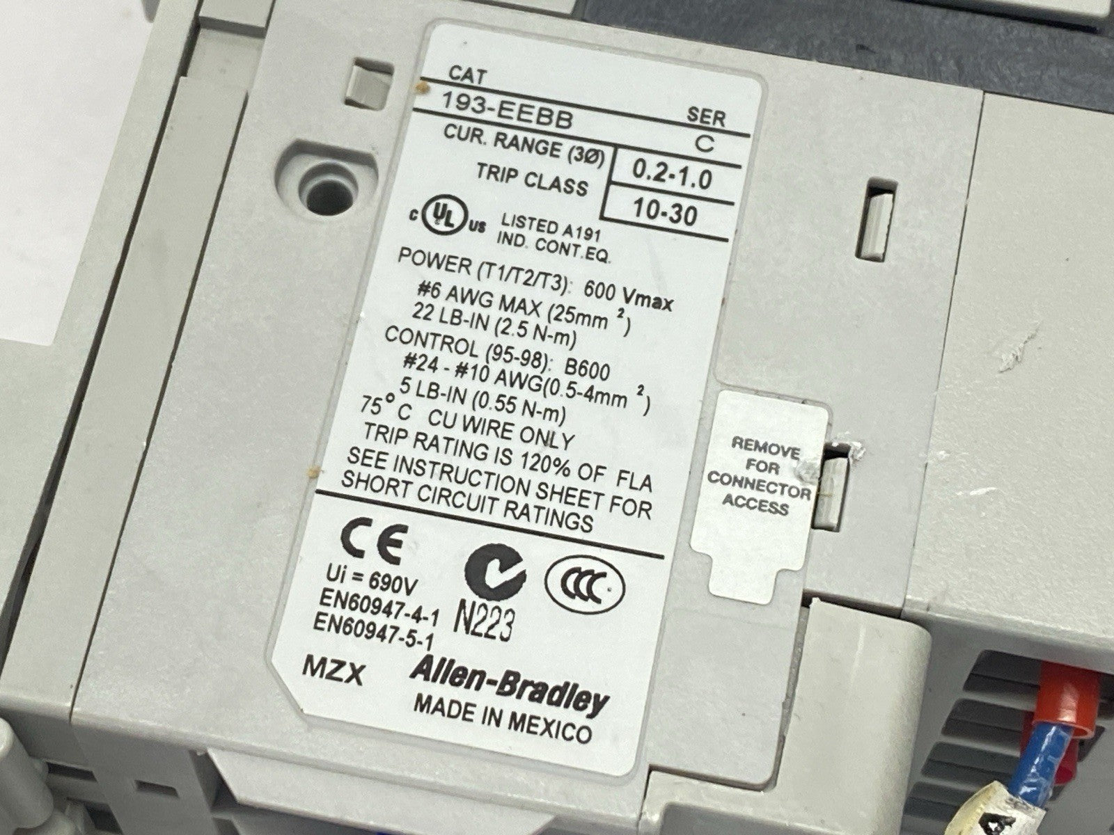 193-EEBB | Allen Bradley Ser C IEC Overload Relay 0.2-1A w/ 193-EPB Panel Mount - Used - Maverick Industrial Sales