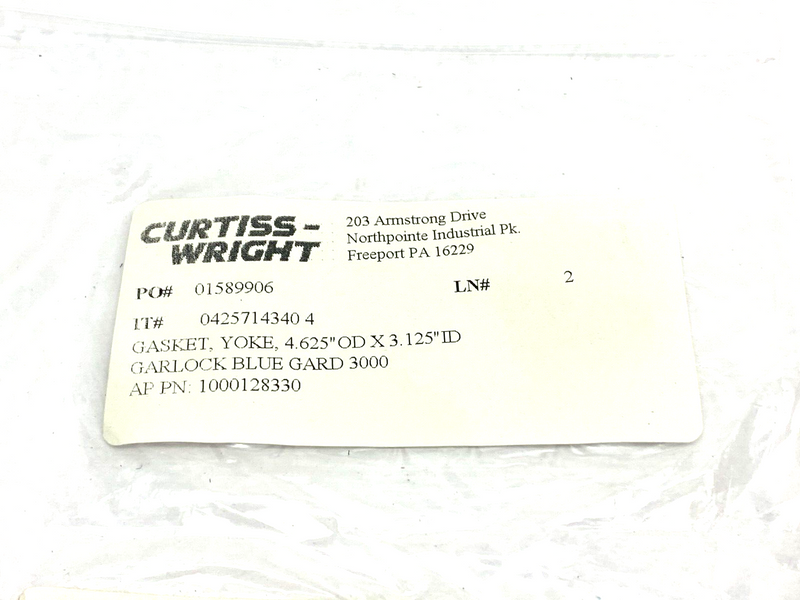 Curtiss-Wright 1000128330 Yoke Gasket 4.625" OD 3.125" ID Garlock Blue GARD 3000 - Maverick Industrial Sales