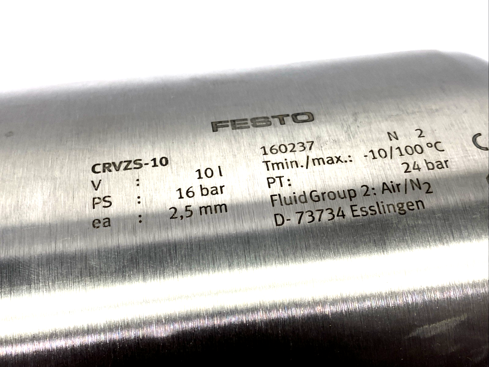 Festo CRVZS-10 Stainless Steel Air Reservoir 10L Volume Capacity - Used - Maverick Industrial Sales