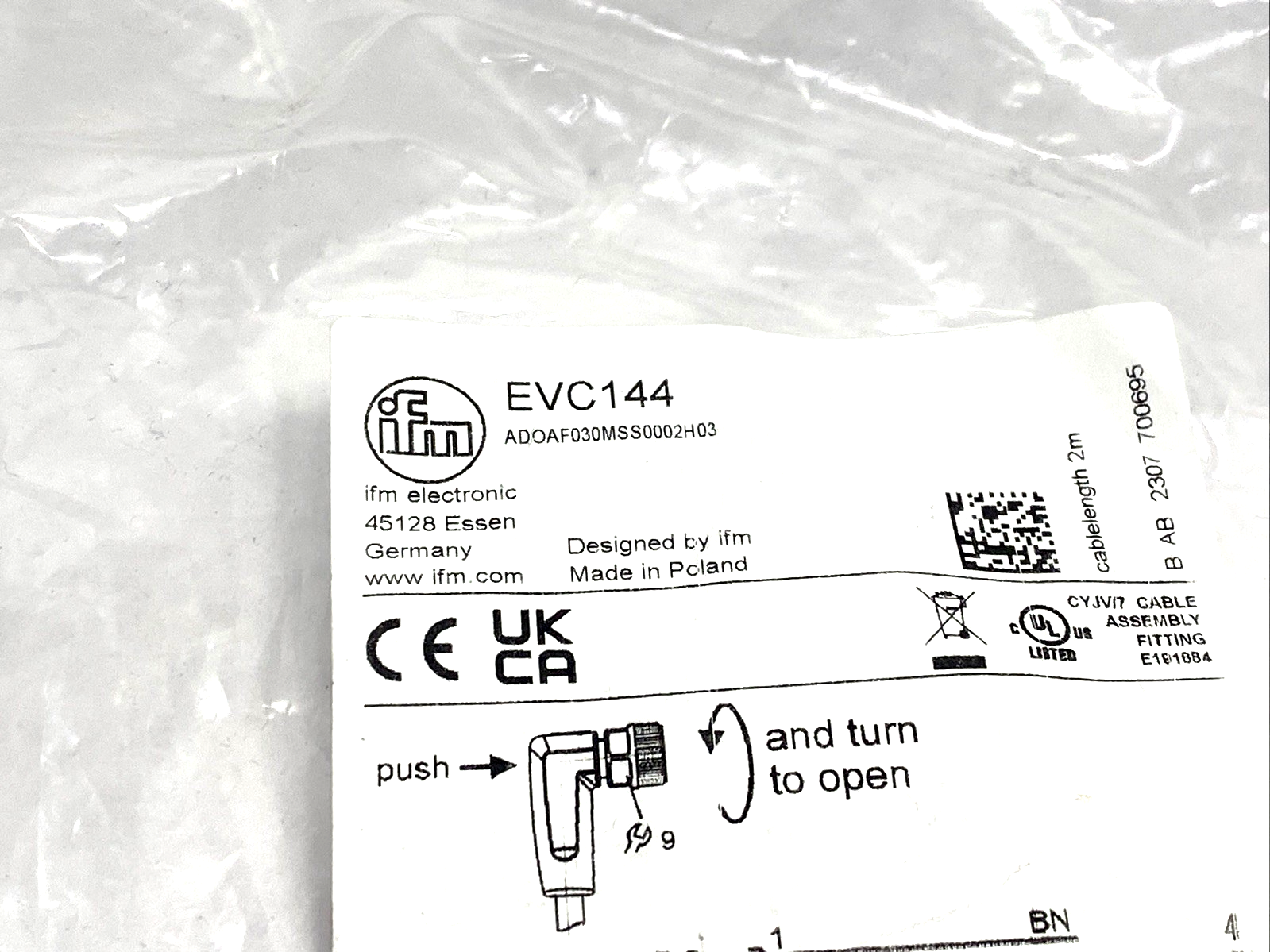 EVC144 | ifm Female Cordset M8 Female Angle 3-Pin 2m ADOAF030MSS0002H03 - New - Maverick Industrial Sales