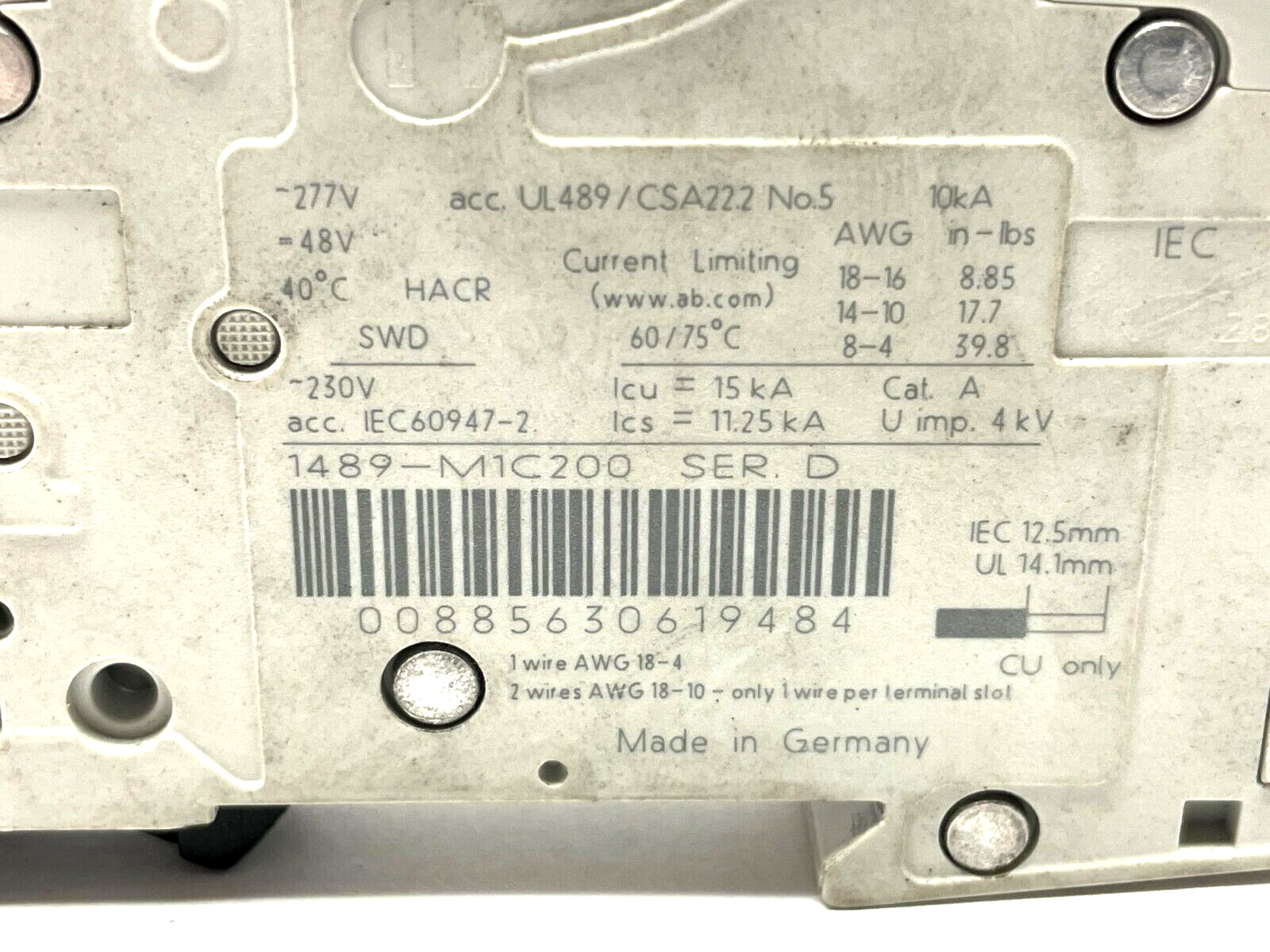 Allen Bradley 1489-M1C200 Ser. D Breaker Miniature 20A 1P 277VAC 48VDC - Maverick Industrial Sales