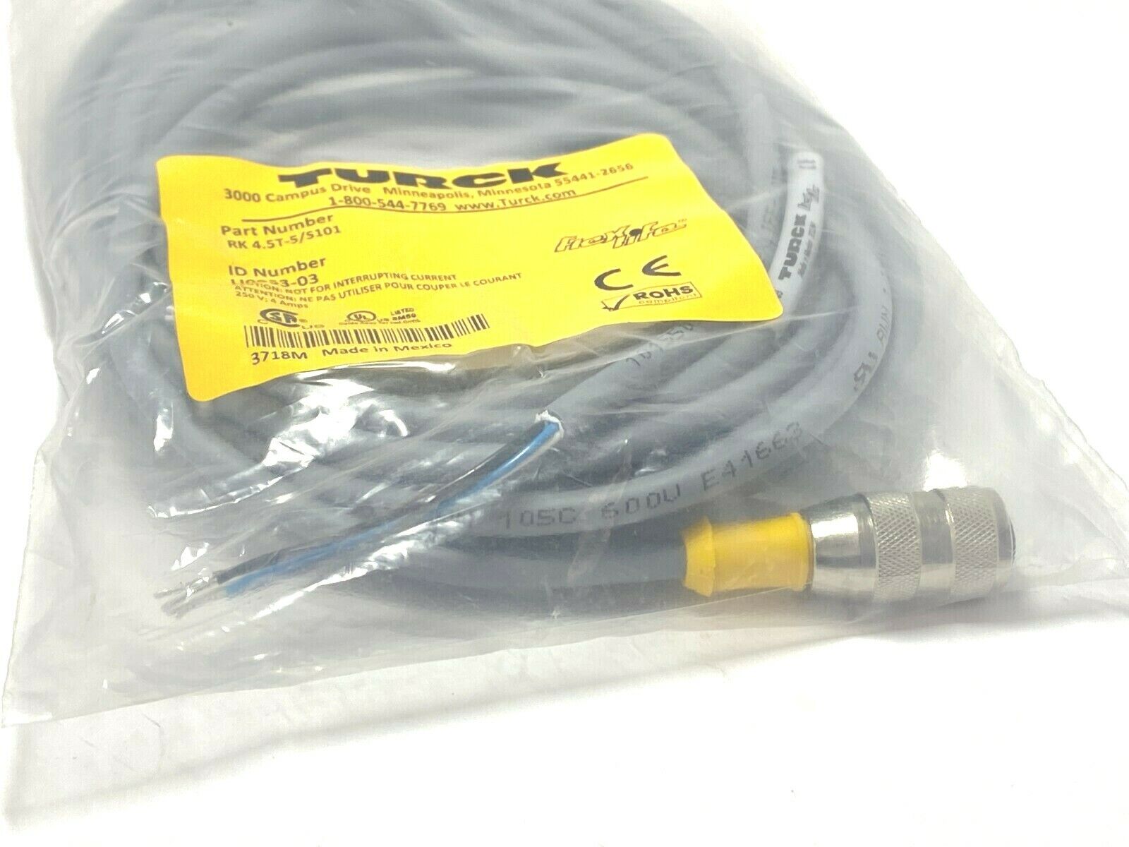 Turck RK 4.5T-5/S101 ID Number U0953-03 Eurofast Molded Cordset Cable - Maverick Industrial Sales
