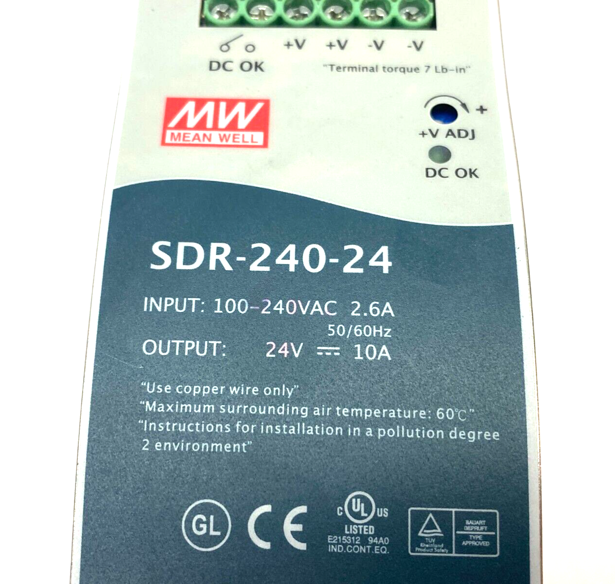 Mean Well SDR-240-24 Industrial DIN Rail Power Supply 100-240VAC 2.6A Input - Used - Maverick Industrial Sales