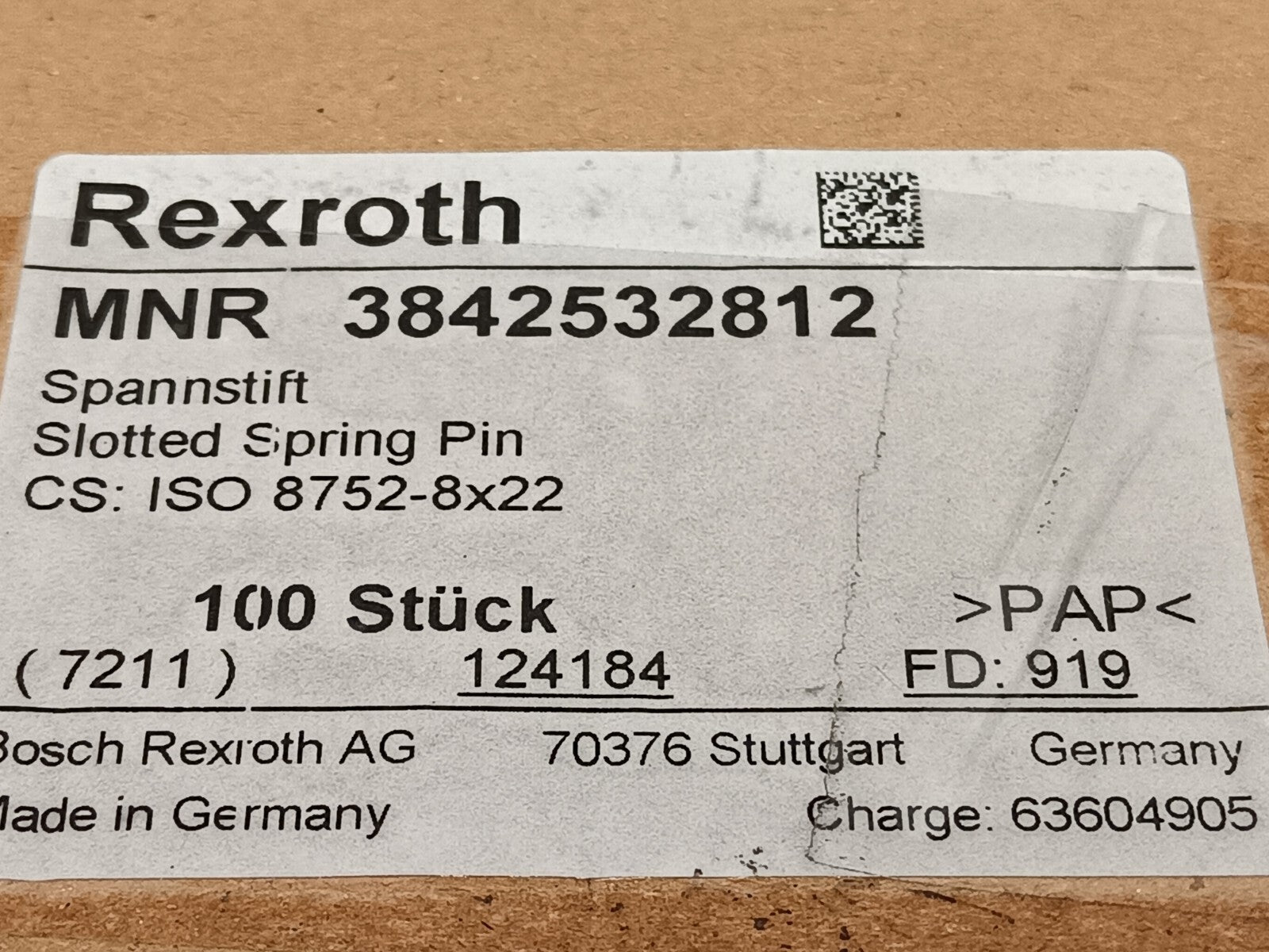 Bosch Rexroth 3842532812 Slotted Spring Pin PKG OF 100 - Maverick Industrial Sales
