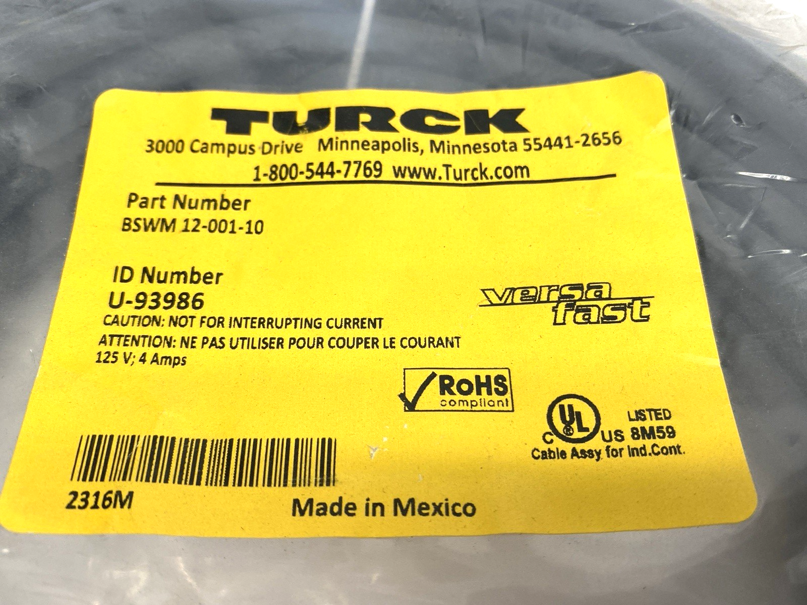 Turck BSWM 12-001-10 VersaFast Single Ended Cordset M16 Male 10M U-93986 - Maverick Industrial Sales