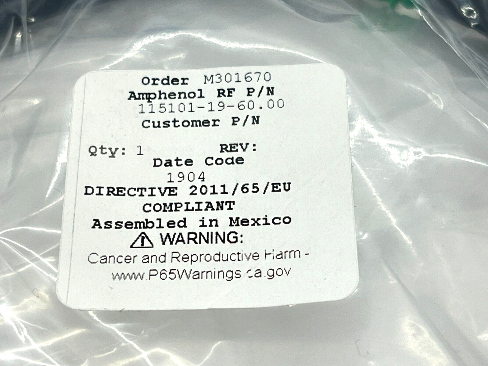 Amphenol RF 115101-19-60.00 Coaxial Cable Assembly BNC to BNC RG-58 1.5m - Maverick Industrial Sales