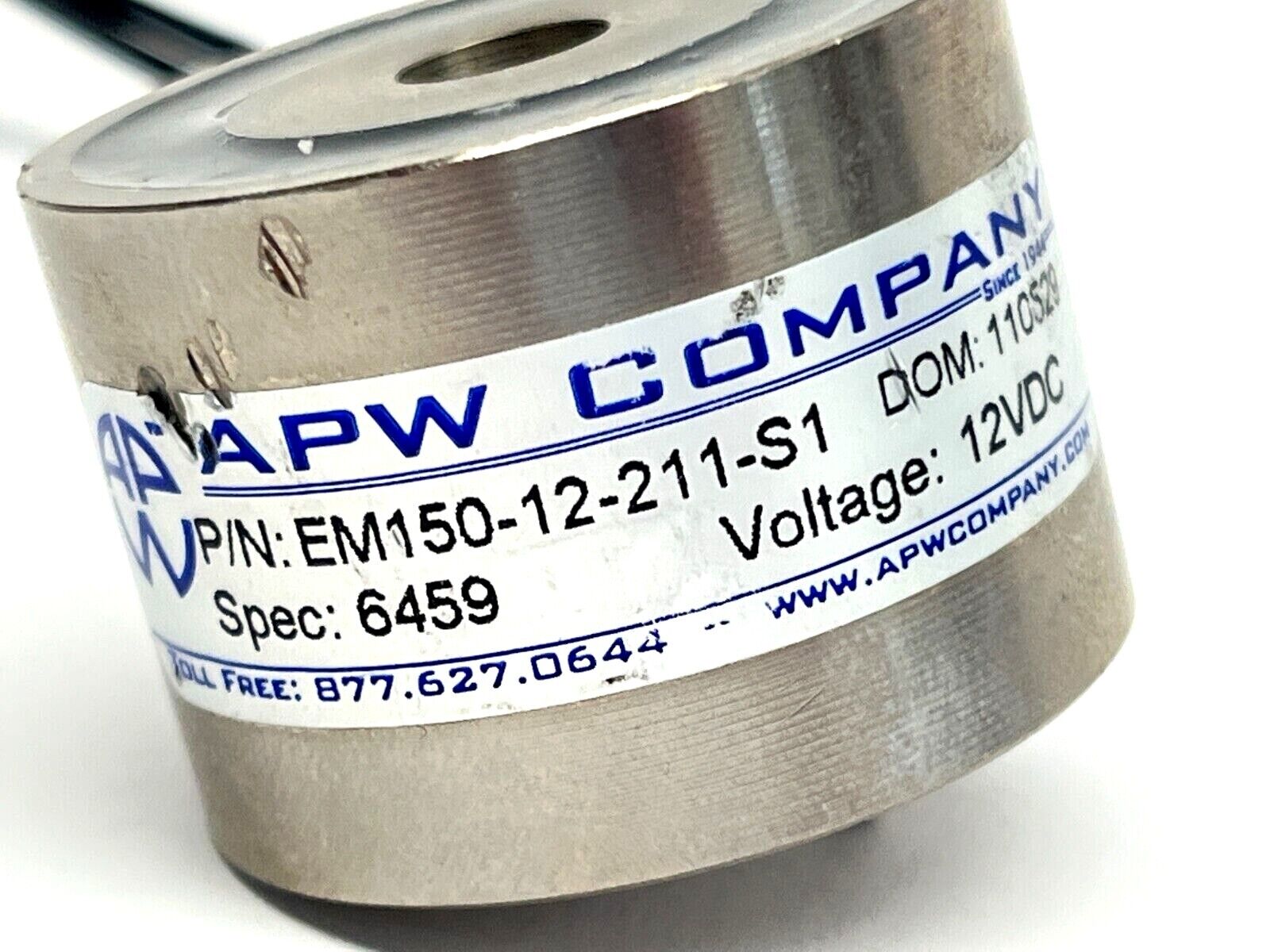 APW Company EM150-12-211-S1 Round Electromagnet 1-1/2" Diameter 88lb Holding - Used - Maverick Industrial Sales