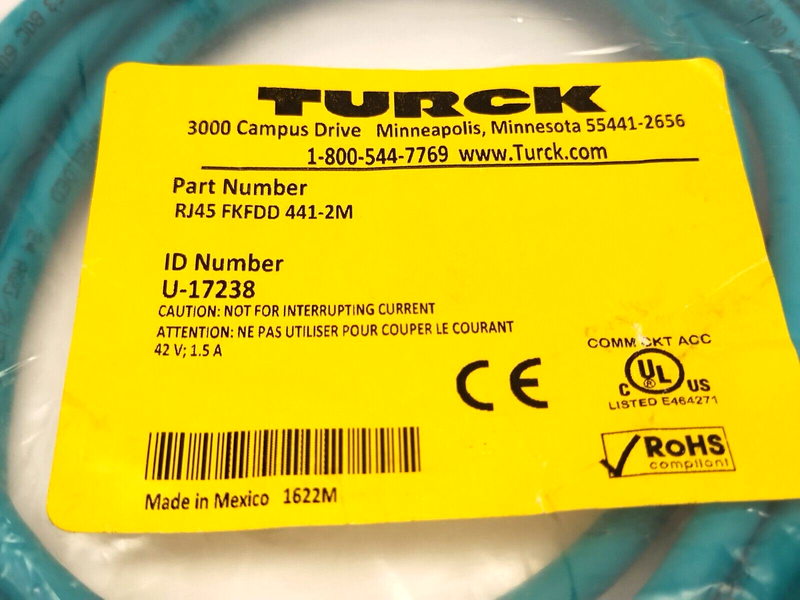 Turck RJ45 FKFDD 441-2M Ethernet Cordset RJ45 To Female M12 4-Pin 2m U-17238 - Maverick Industrial Sales