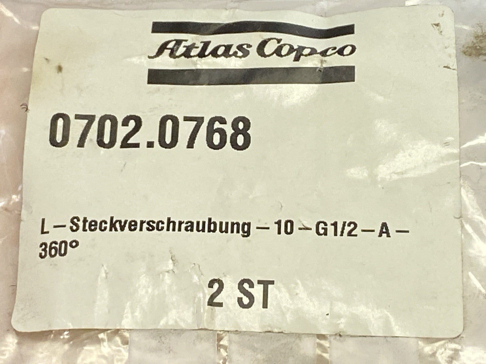 Atlas Copco 0702.0768 Plug-In L Fitting 10-G1/2-A-360 LOT OF 2 - Maverick Industrial Sales