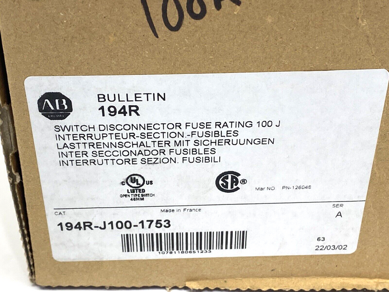 Allen Bradley 194R-J100-1753 Disconnect Switch Fused Ser. A - Maverick Industrial Sales