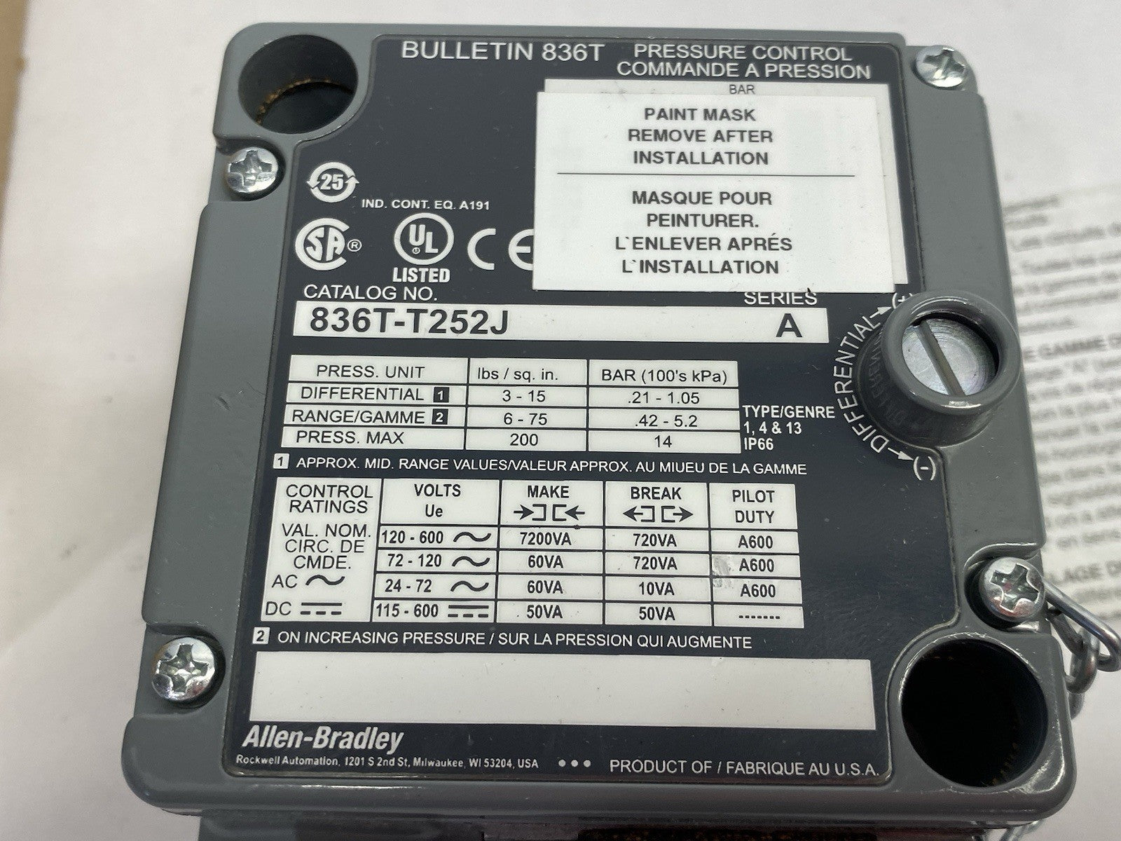 836T-T252J | Allen Bradley Ser. A Electro-Mechanical Pressure Control Switch - New – Open box - Maverick Industrial Sales