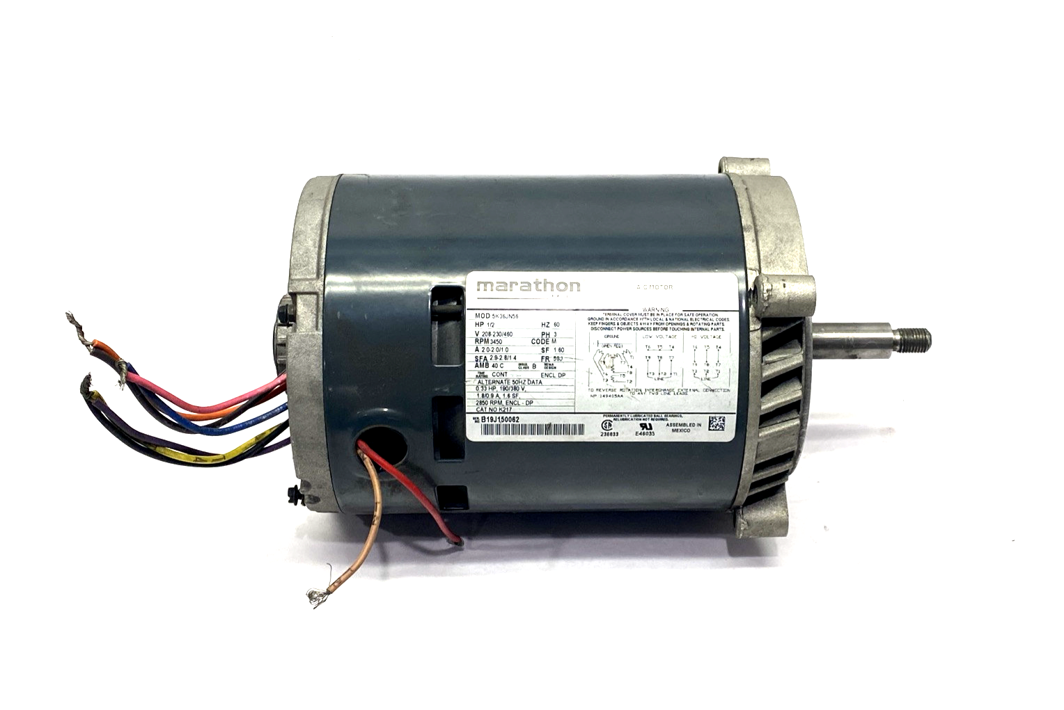 Marathon 5K36JN56 Pump Motor 1/2HP 208-230/460V 3PH, Code M, 3450rpm, K217 - Used - Maverick Industrial Sales