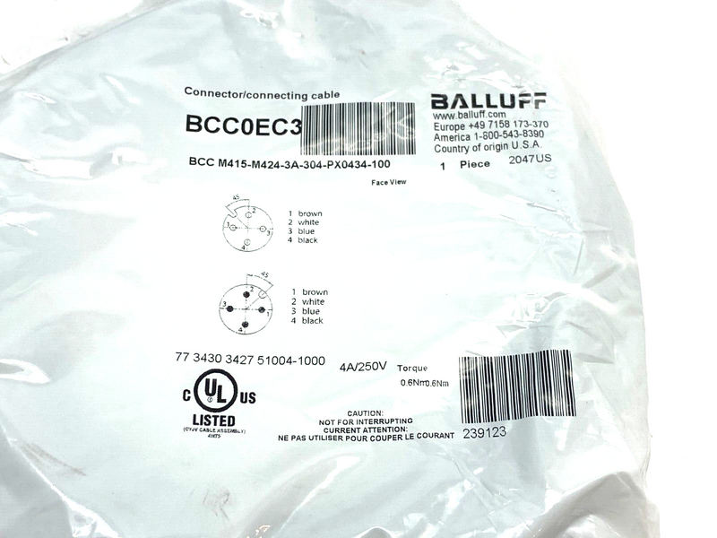 Balluff BCC M415-M424-3A-304-PX0434-100 Dbl-Ended Connecting Cordset BCC0EC3 - Maverick Industrial Sales